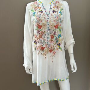 Johnny Was White Embroidered Floral Tunic with Multicolor Accents